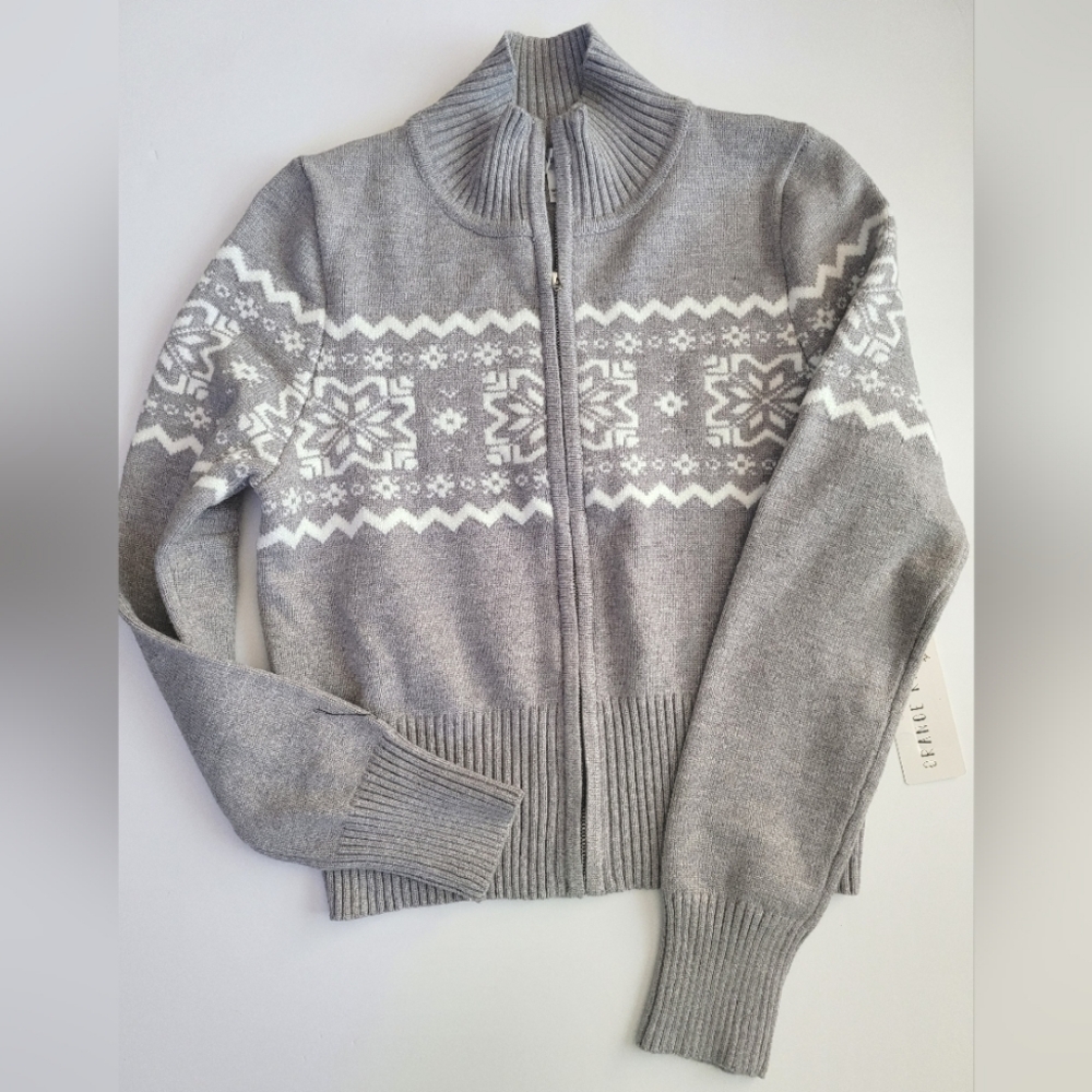Gray and White Full Zip Sweater New